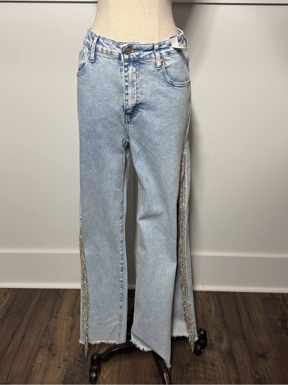 Light Wash Side-Slit Wide Leg Jeans with Bling Trim